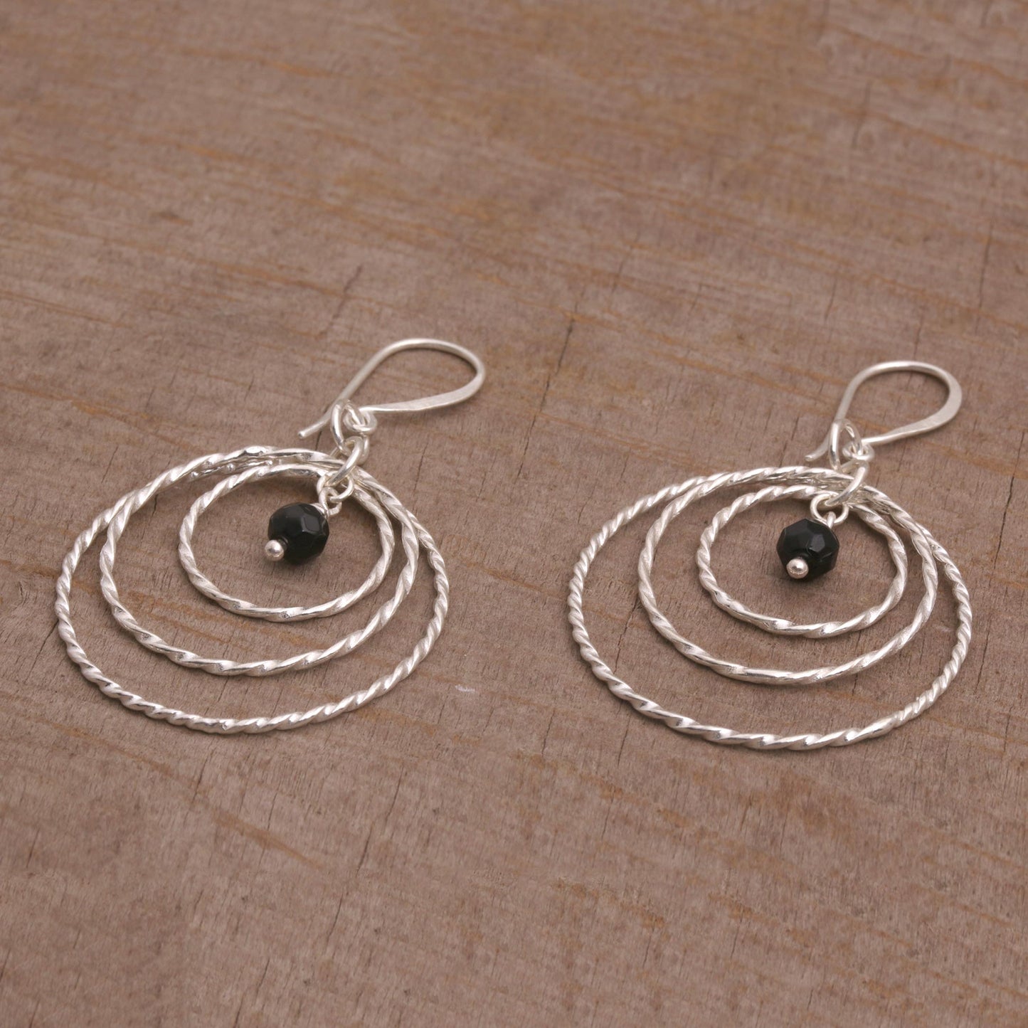 Gleaming Rings Onyx and 925 Sterling Silver Dangle Earrings from Bali