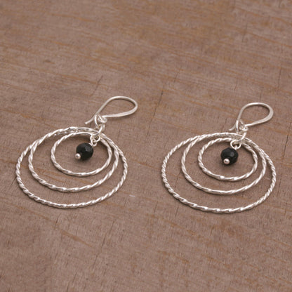 Gleaming Rings Onyx and 925 Sterling Silver Dangle Earrings from Bali