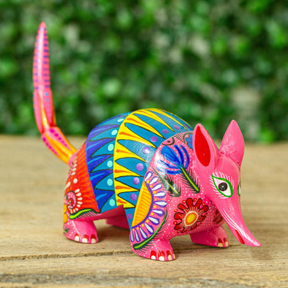 Festive Armadillo Hand-Painted Wood Armadillo Alebrije Figurine from Mexico