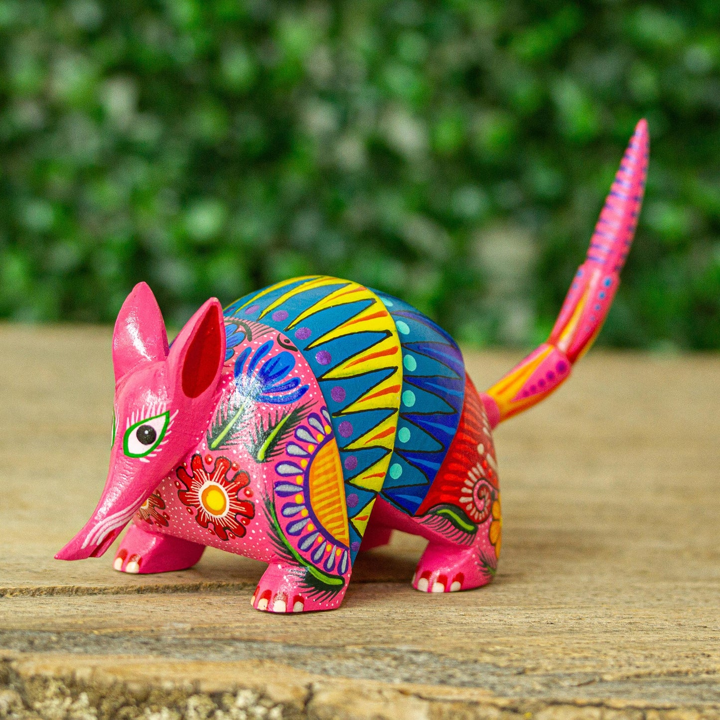 Festive Armadillo Hand-Painted Wood Armadillo Alebrije Figurine from Mexico