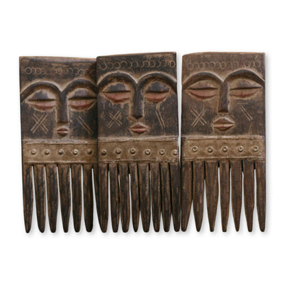 NOVICA - Ashanti Nyansa Hand Carved Wood Comb Sculptures - Set Of 3