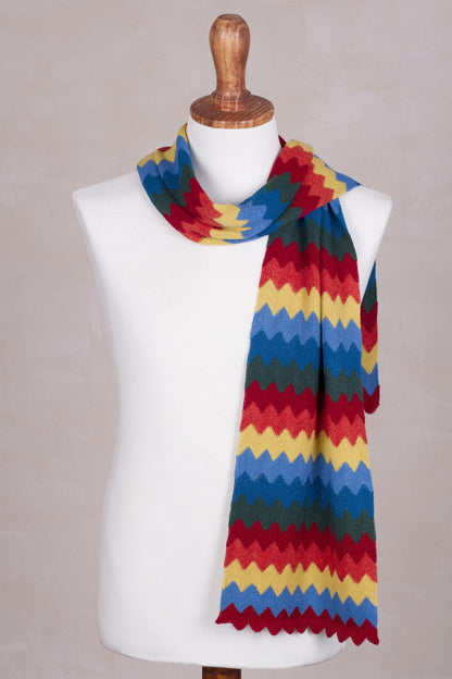 Zigzag Rainbow Multicolored Zigzag Striped Alpaca Blend Scarf from Peru