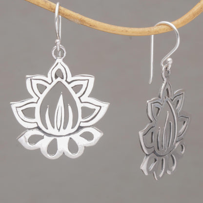 Unforgettable Lotus Sterling Silver Lotus Flower Dangle Earrings from Bali