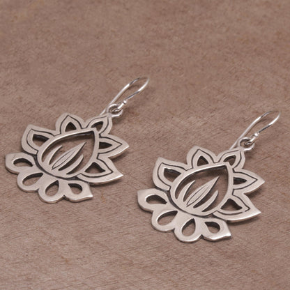 Unforgettable Lotus Sterling Silver Lotus Flower Dangle Earrings from Bali