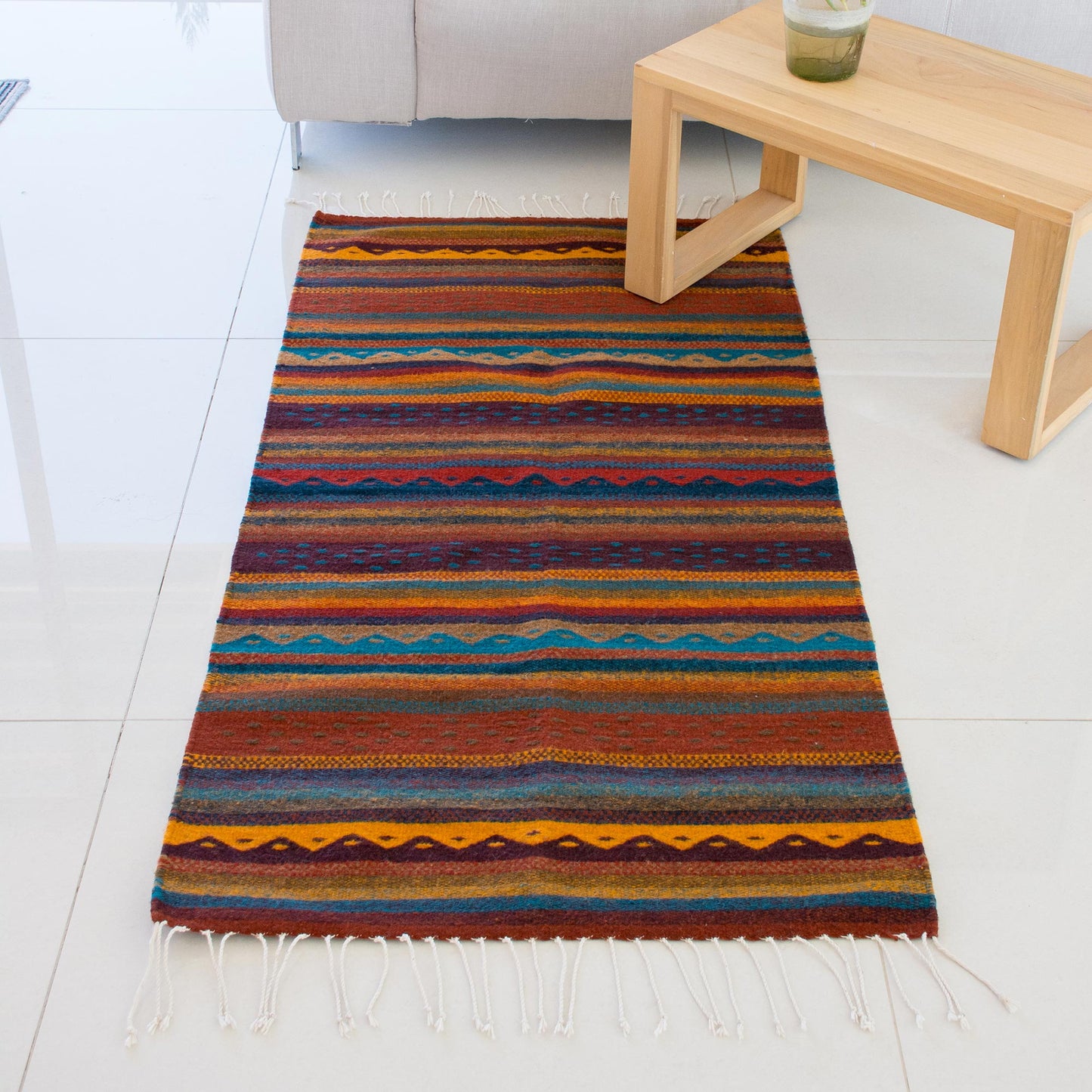 Zapotec Stripes Handwoven 2.5x5 Striped Wool Zapotec Area Rug from Mexico