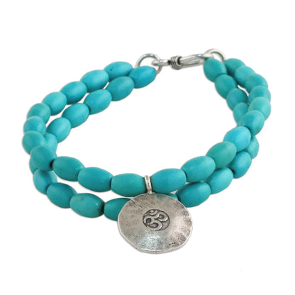 Sky Blue Om Relaxation Calcite and Karen Silver Om Beaded Bracelet from Thailand