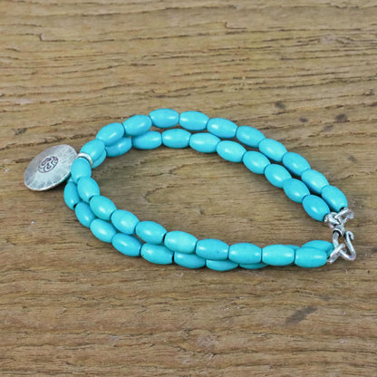 Sky Blue Om Relaxation Calcite and Karen Silver Om Beaded Bracelet from Thailand