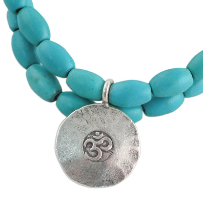 Sky Blue Om Relaxation Calcite and Karen Silver Om Beaded Bracelet from Thailand