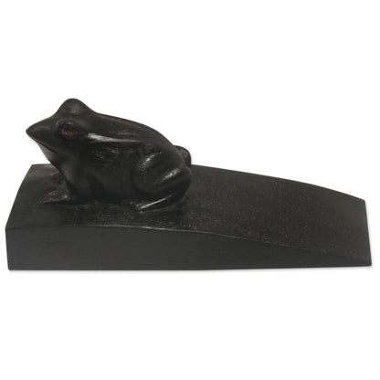 Helpful Toad in Black Handcrafted Suar Wood Toad Doorstop in Black from Bali