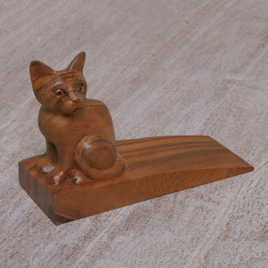 Helpful Kitten in Brown Handcrafted Suar Wood Cat Doorstop in Brown from Bali