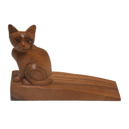 Helpful Kitten in Brown Handcrafted Suar Wood Cat Doorstop in Brown from Bali