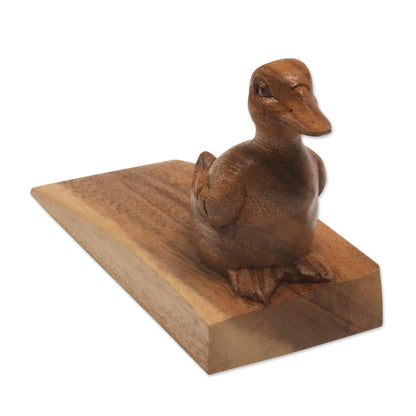 Helpful Duck in Brown Handcrafted Suar Wood Duck Doorstop in Brown from Bali