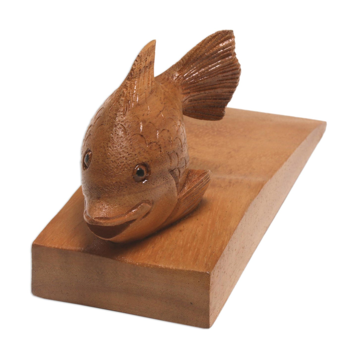 Helpful Goldfish in Brown Handcrafted Suar Wood Fish Doorstop in Brown from Bali