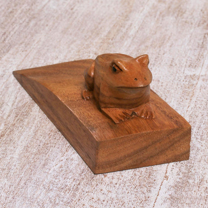Helpful Toad in Brown Handcrafted Suar Wood Frog Doorstop in Brown from Bali