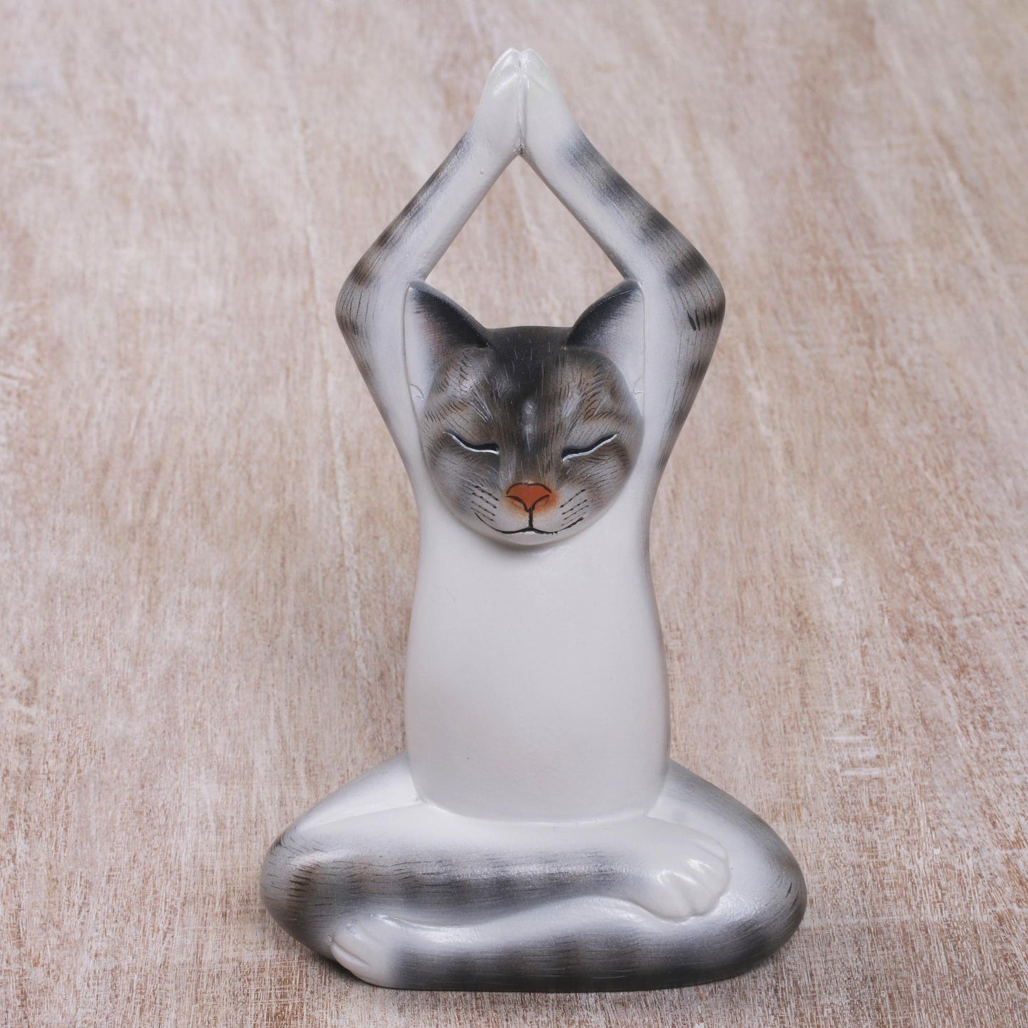 Toward the Sky Grey Yoga Cat Painted Suar Wood Sculpture of a Yoga Cat in Grey from Bali