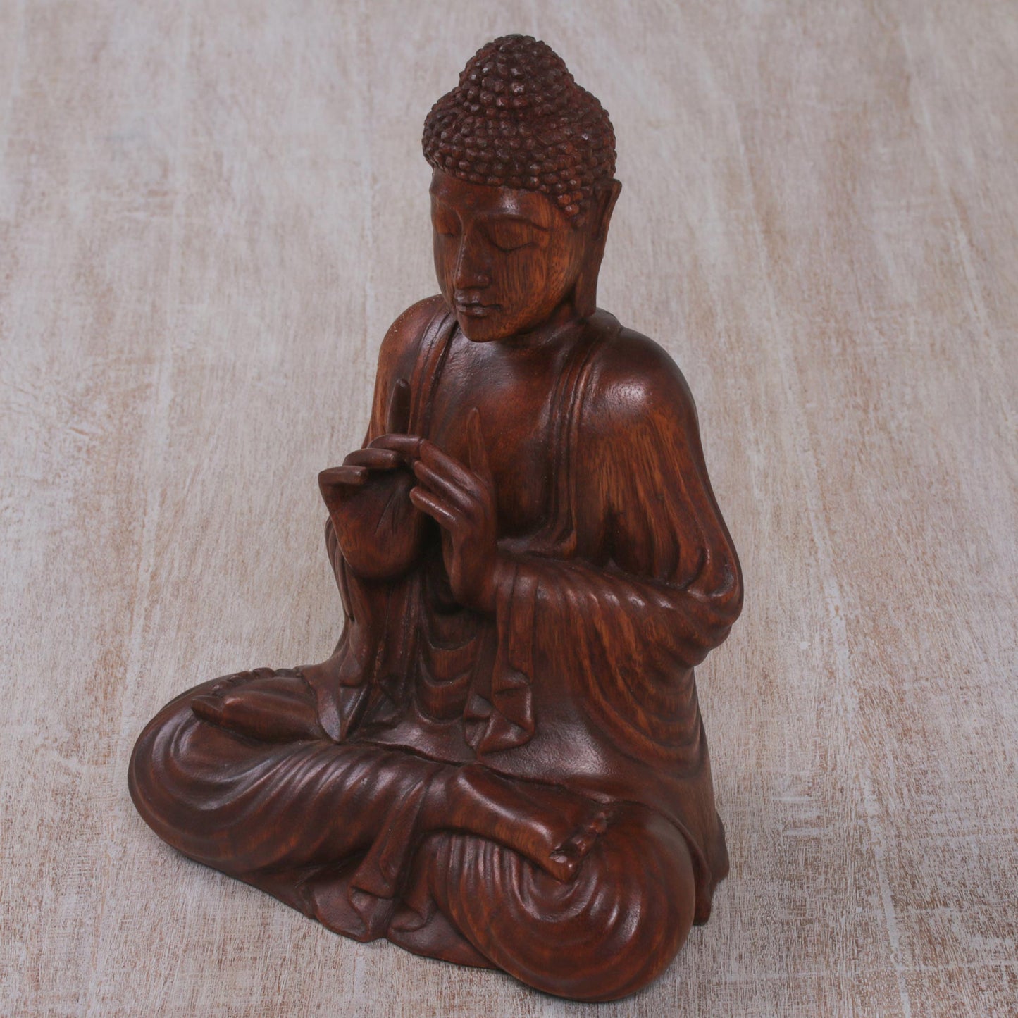 Buddha with Vitarka Mudra Handcrafted Suar Wood Buddha Sculpture from Bali