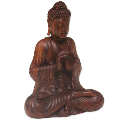 Buddha with Vitarka Mudra Handcrafted Suar Wood Buddha Sculpture from Bali