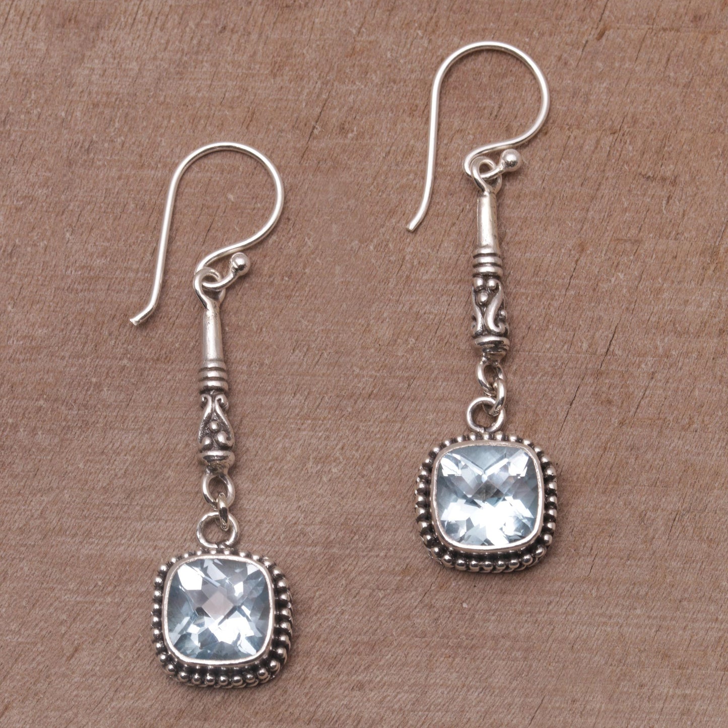 Majestic Gleam Faceted Blue Topaz and 925 Silver Dangle Earrings from Bali