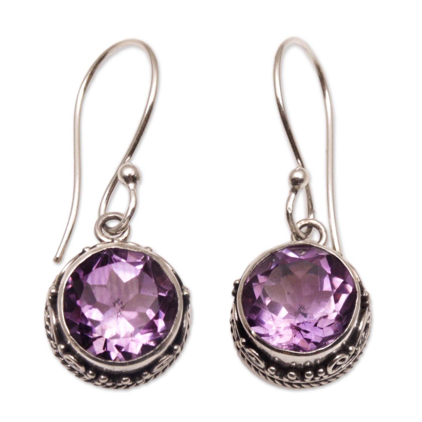 Iridescent Circles Circular Amethyst and Silver Dangle Earrings from Bali