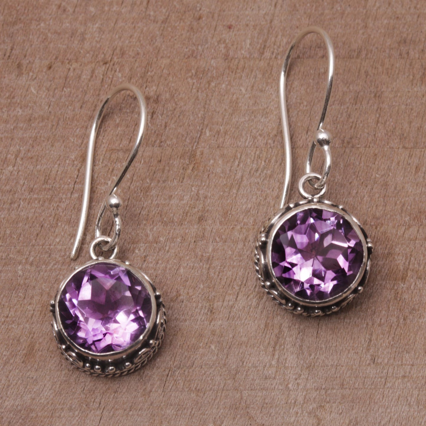 Iridescent Circles Circular Amethyst and Silver Dangle Earrings from Bali