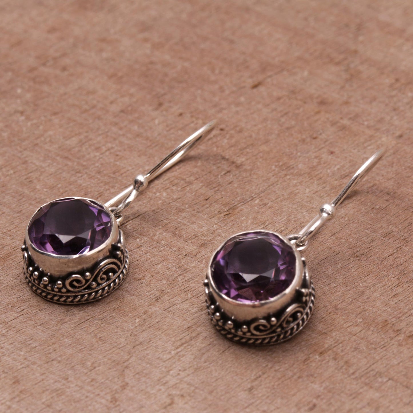 Iridescent Circles Circular Amethyst and Silver Dangle Earrings from Bali