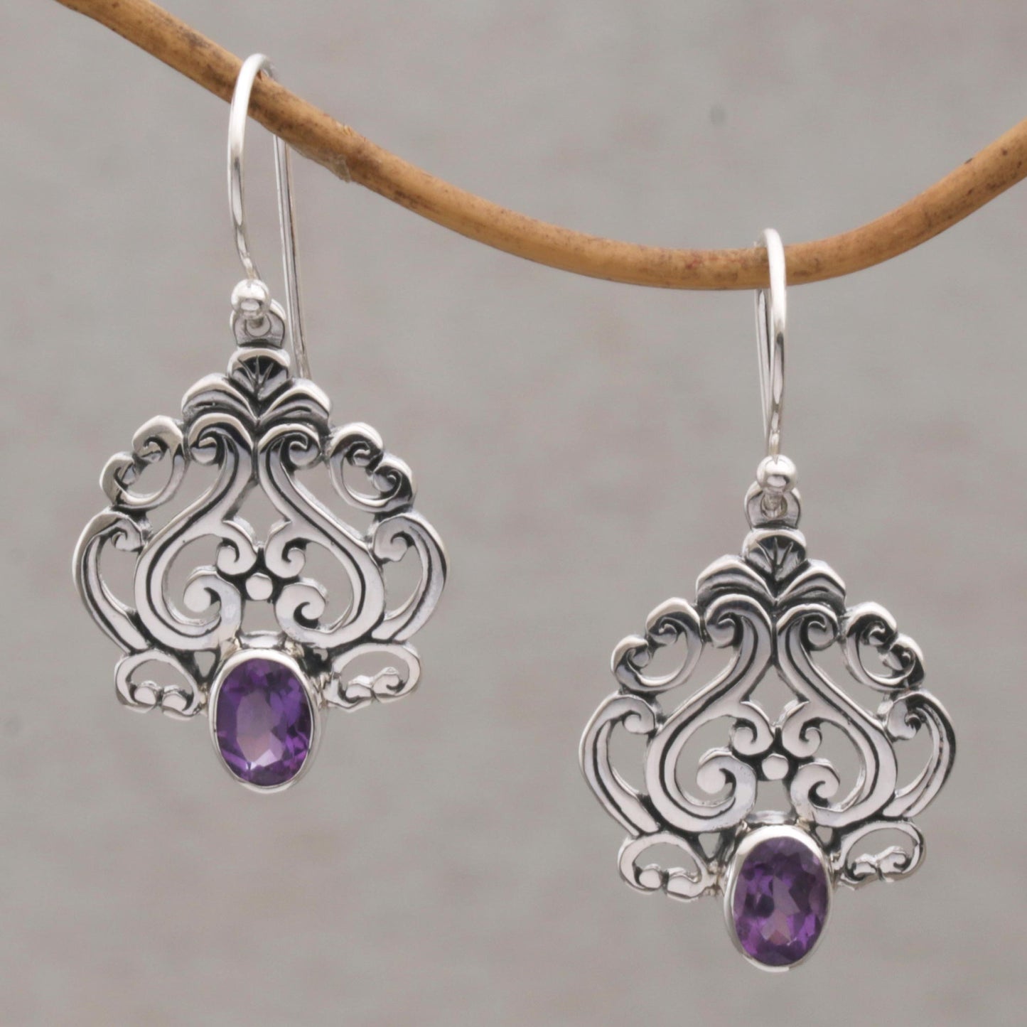 Jeweled Mystery Amethyst and Sterling Silver Dangle Earrings from Bali