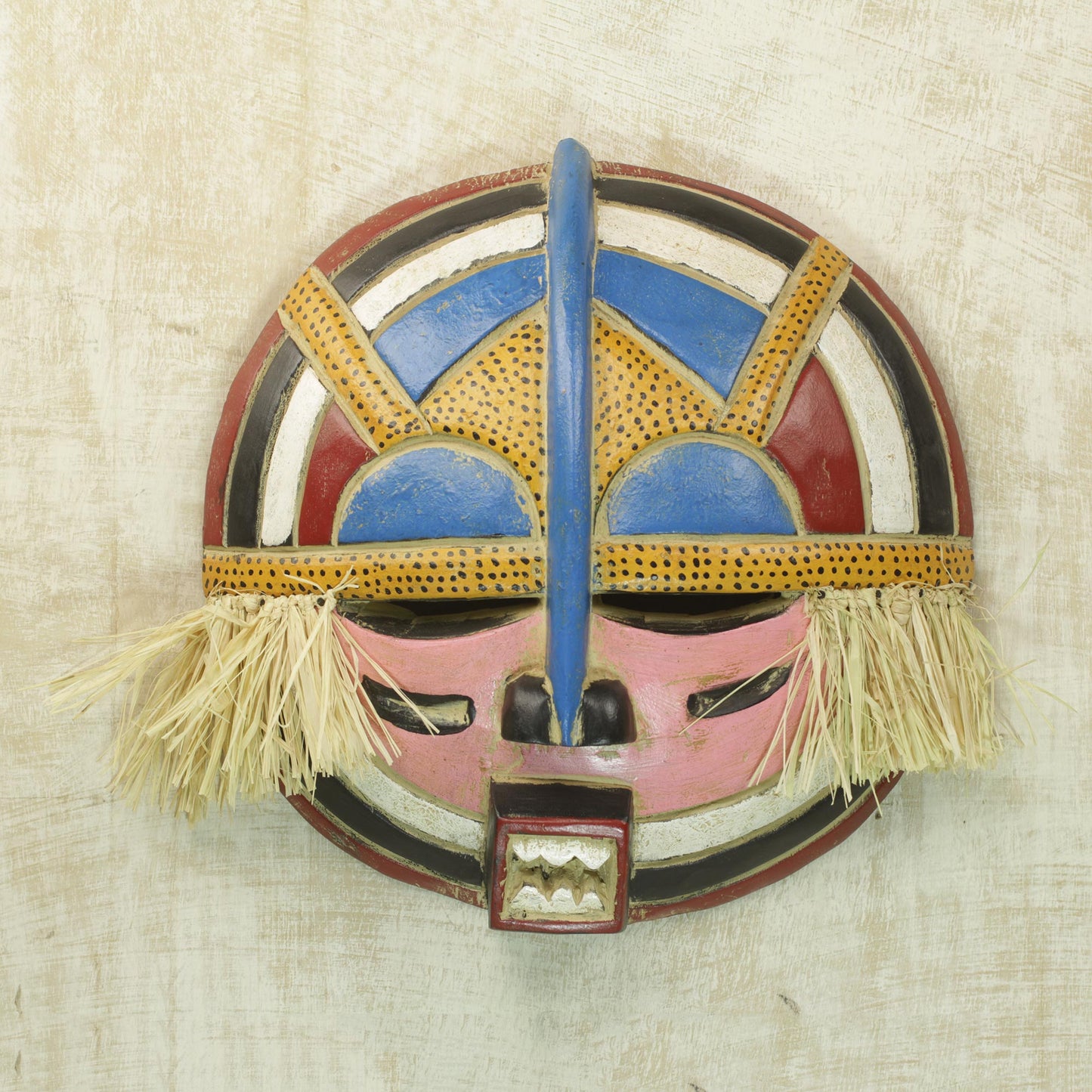 Adenike Hand Carved Rubberwood Round Adenike Mask with Raffia