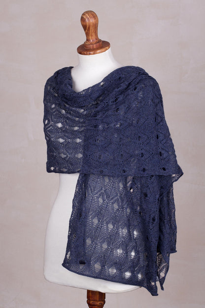 Breezy Skies in Blue 100% Alpaca Crocheted Shawl in Blue from Peru