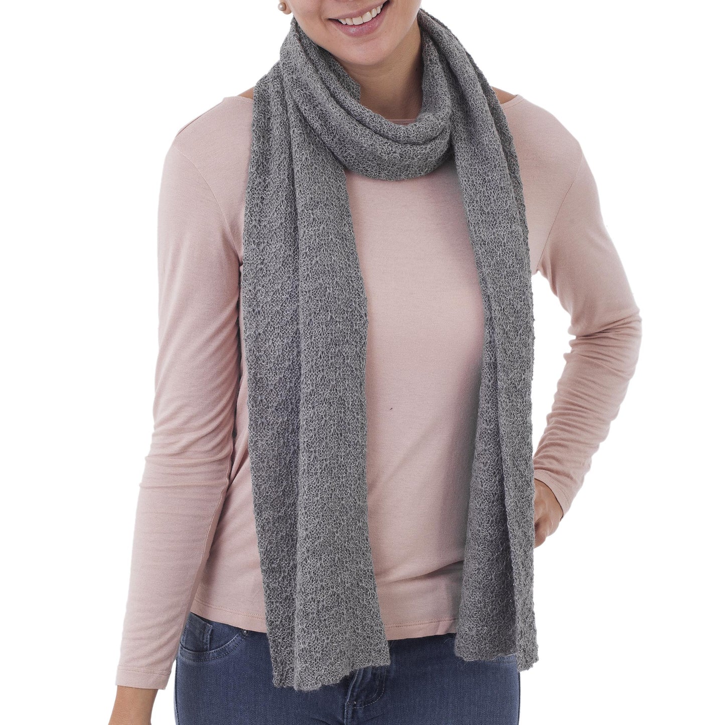 Solid Style in Smoke 100% Baby Alpaca Wrap Scarf in Solid Smoke Grey from Peru