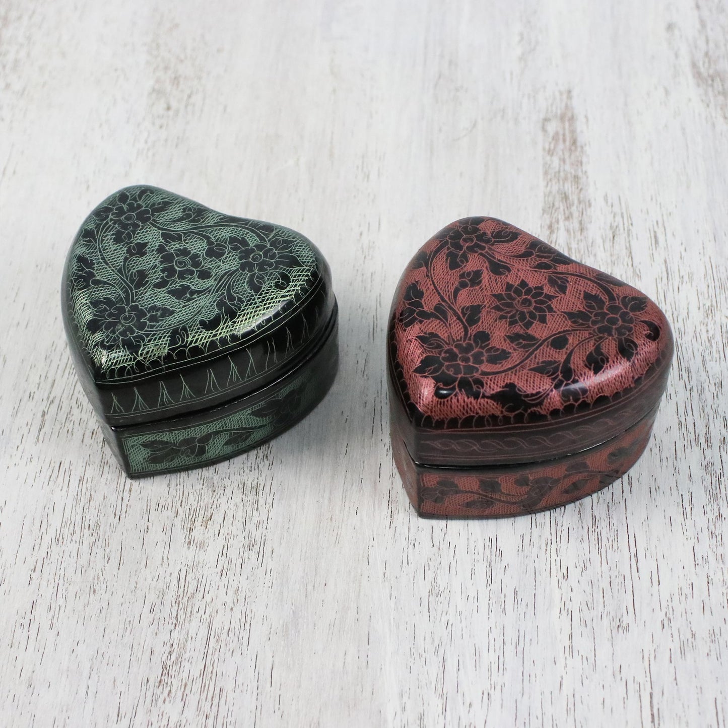 Floral Hearts Lacquerware Heart Shaped Boxes in Pink and Green (Pair)