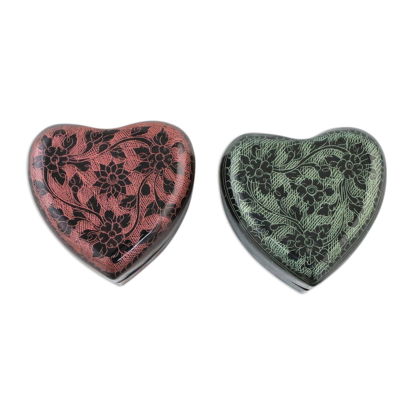 Floral Hearts Lacquerware Heart Shaped Boxes in Pink and Green (Pair)