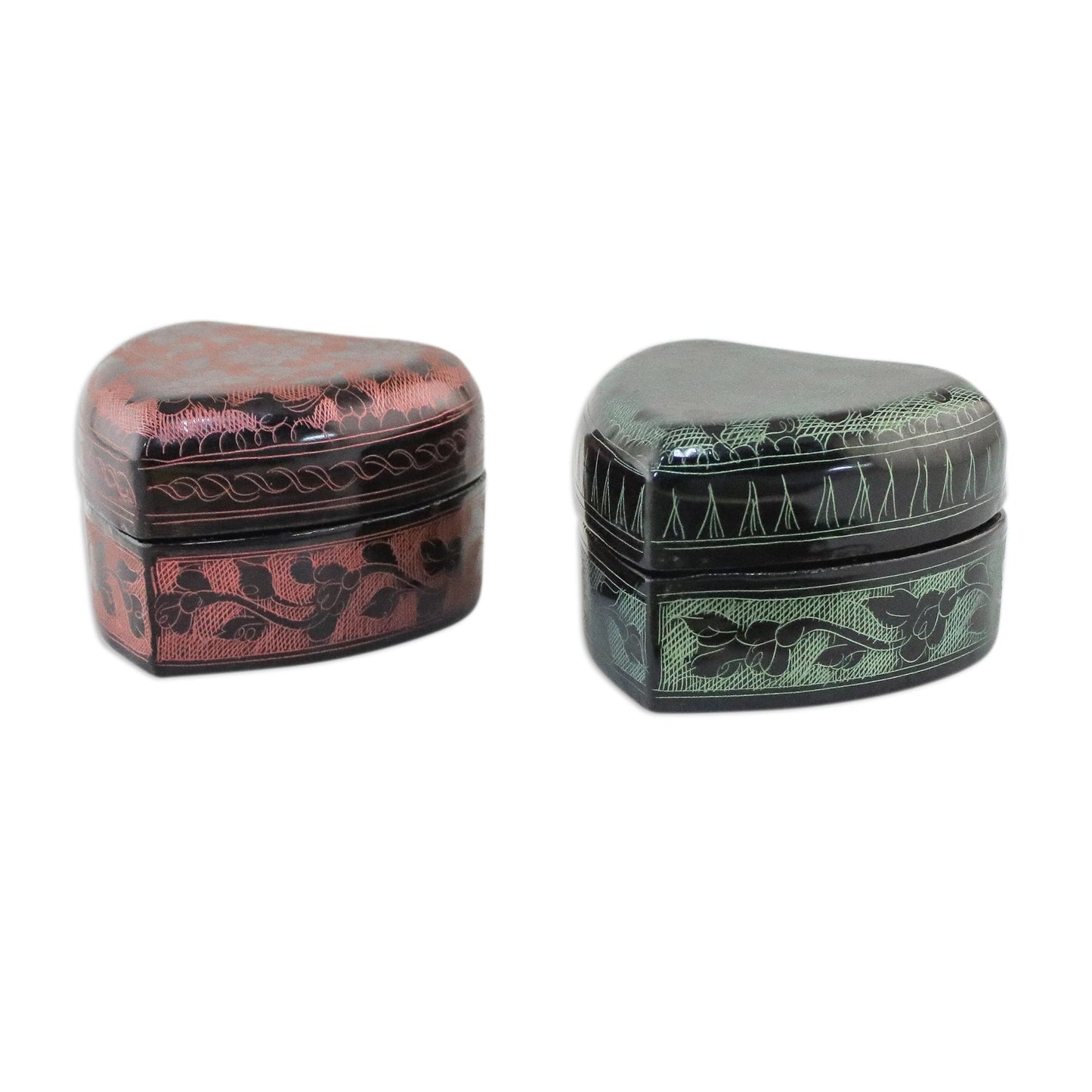 Floral Hearts Lacquerware Heart Shaped Boxes in Pink and Green (Pair)