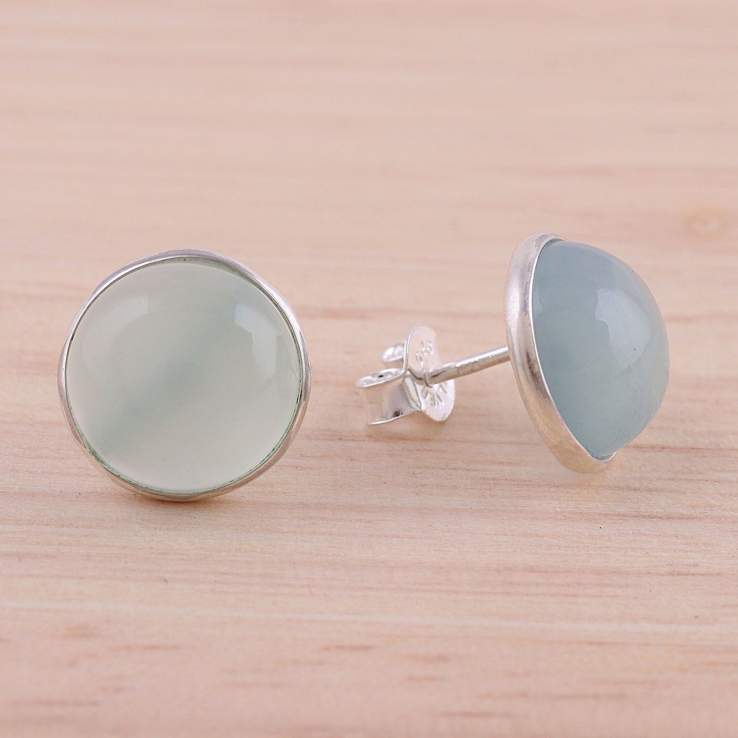 Moonlight Peace Aqua Chalcedony Round Button Earrings from India