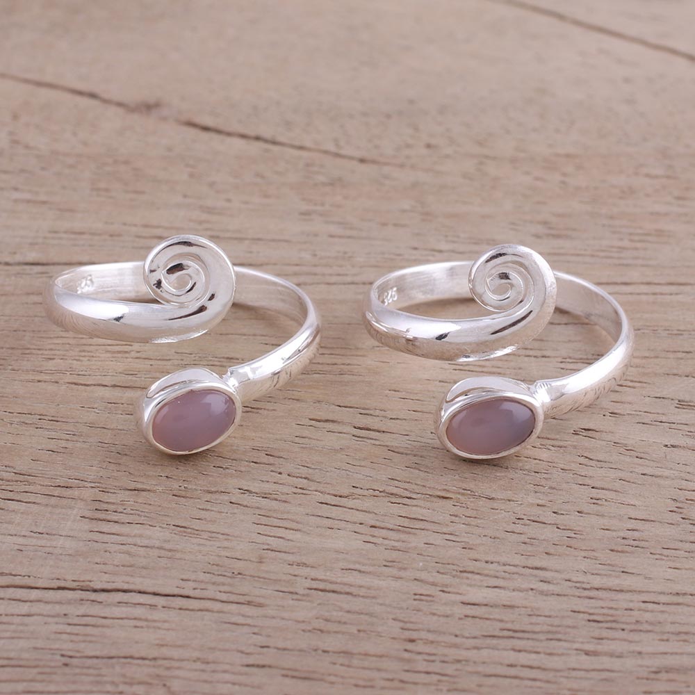 Pink Curl Two Rose Quartz and Sterling Silver Toe Rings from India