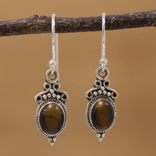 Sleek Charm Tiger's Eye and Sterling Silver Dangle Earrings from India