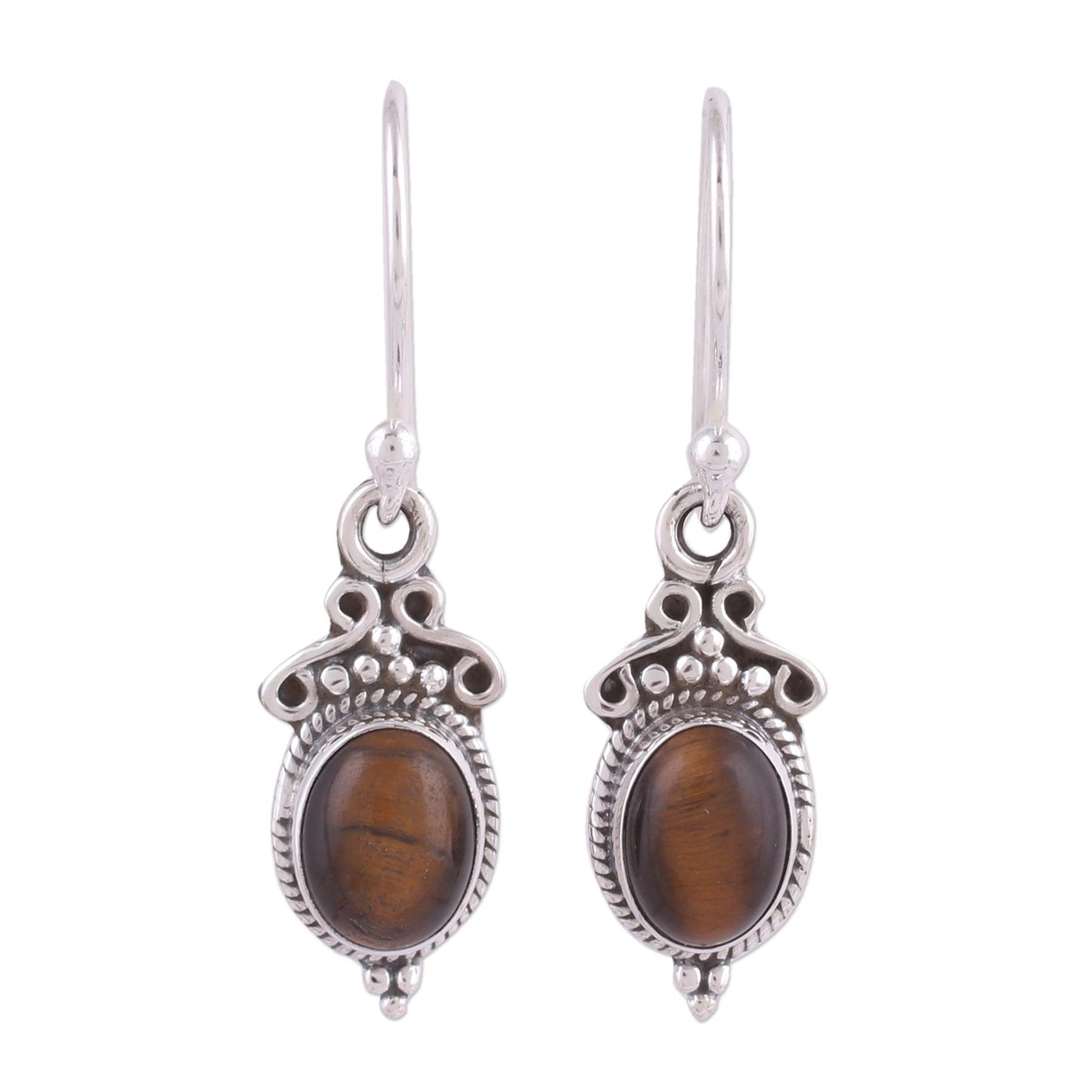 Sleek Charm Tiger's Eye and Sterling Silver Dangle Earrings from India