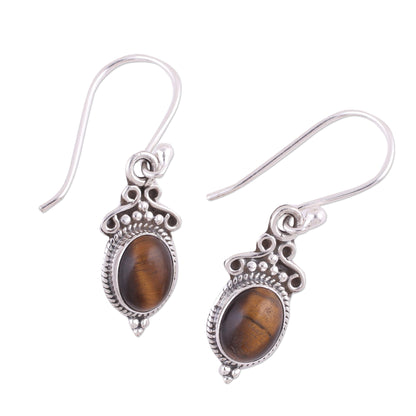 Sleek Charm Tiger's Eye and Sterling Silver Dangle Earrings from India