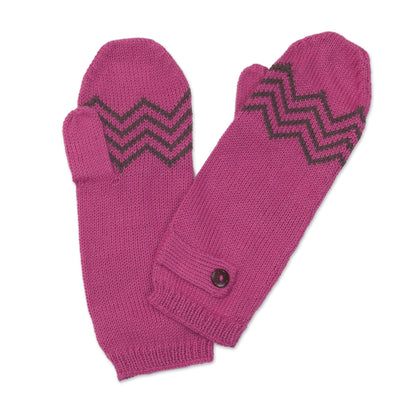 Zigzag Warmth in Lead Grey Alpaca Blend Mittens in Rose and Lead Grey from Peru