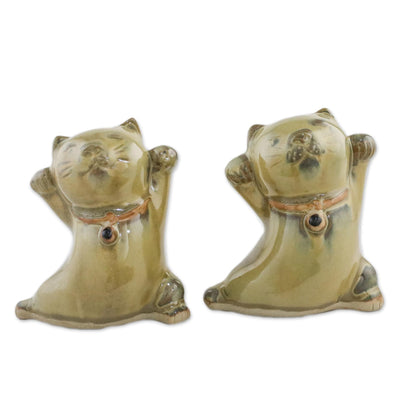 Playful Good Luck Cats 2 Yellow Ceramic Lucky Cat Figurines Crafted in Thailand