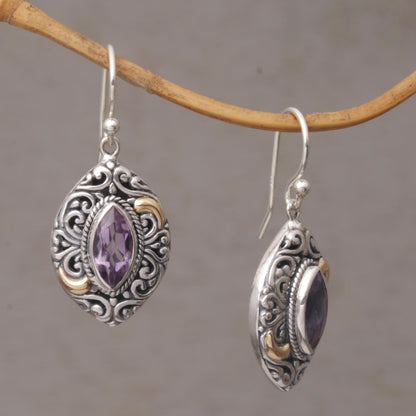 Defiant Beauty Gold Accent Amethyst Swirl Motif Dangle Earrings from Bali