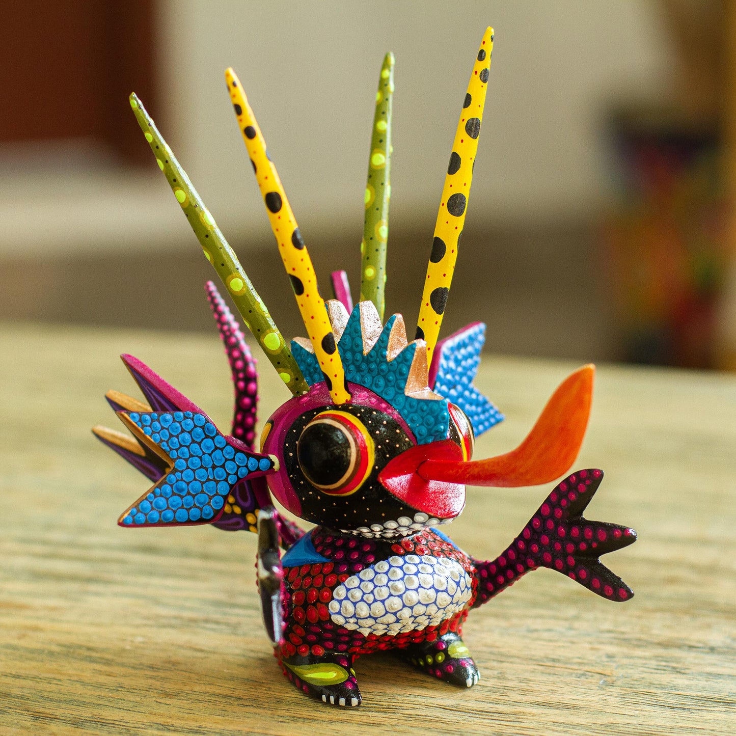 Energetic Martian Wood Alebrije Sculpture of a Colorful Alien from Mexico