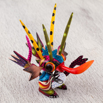 Energetic Martian Wood Alebrije Sculpture of a Colorful Alien from Mexico