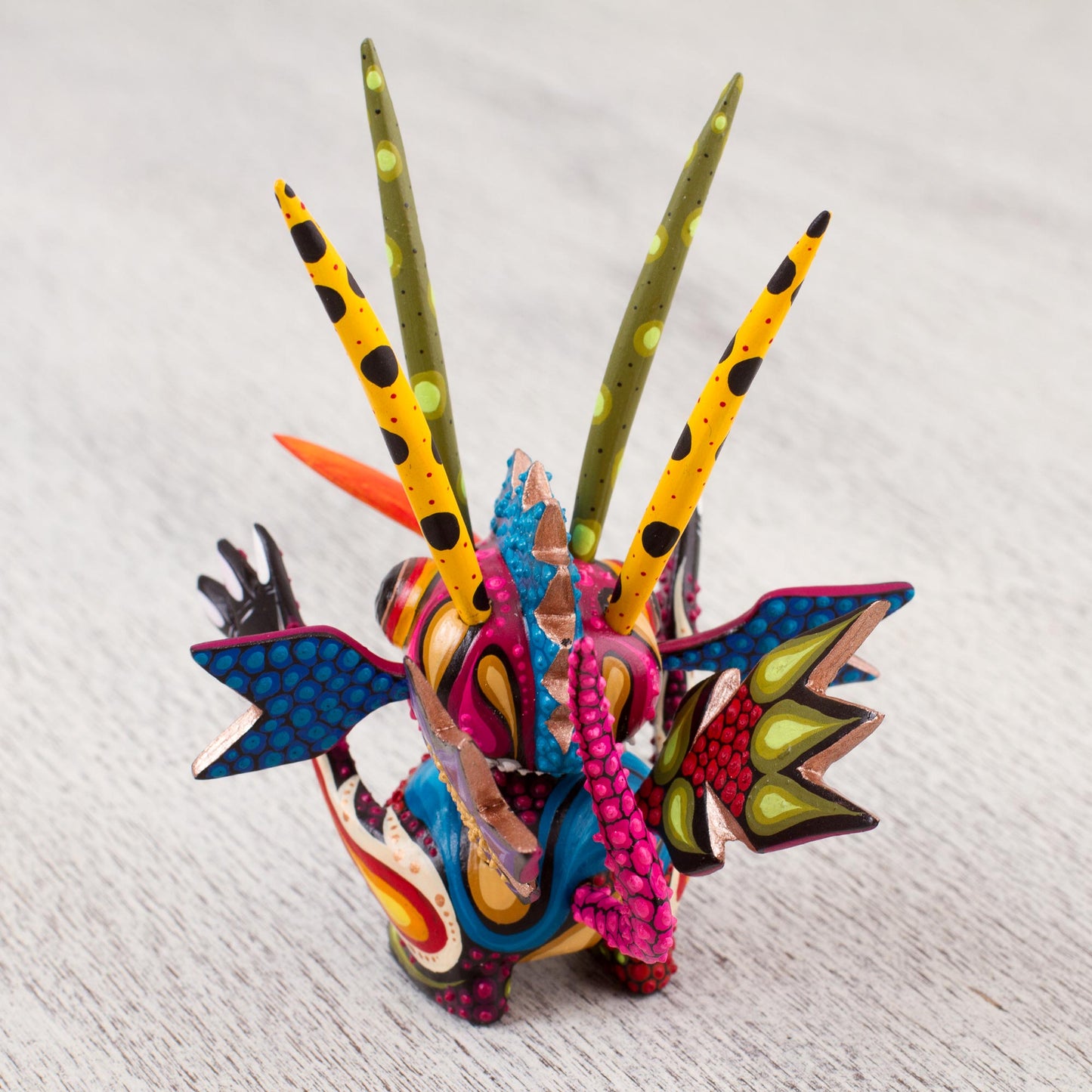 Energetic Martian Wood Alebrije Sculpture of a Colorful Alien from Mexico