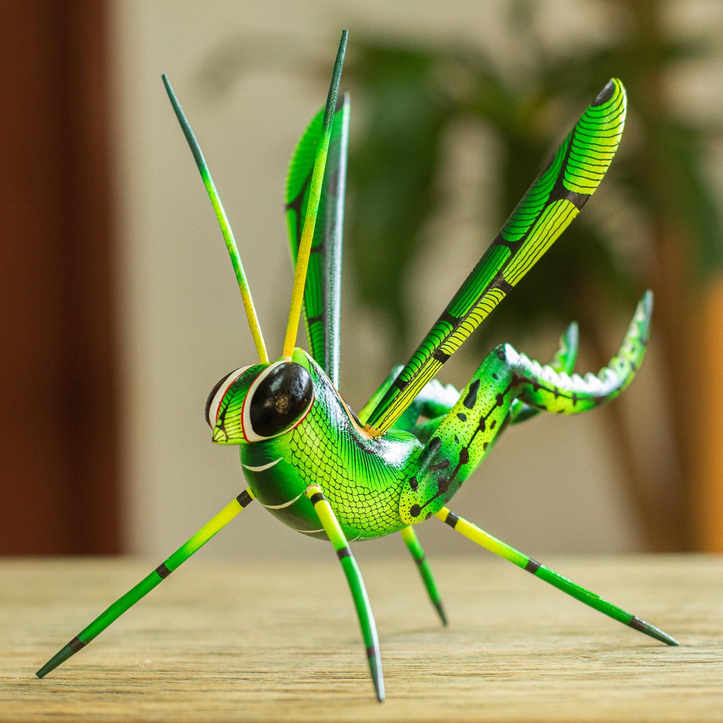 Green Good Luck Cricket Wood Alebrije Cricket Sculpture in Green from Mexico