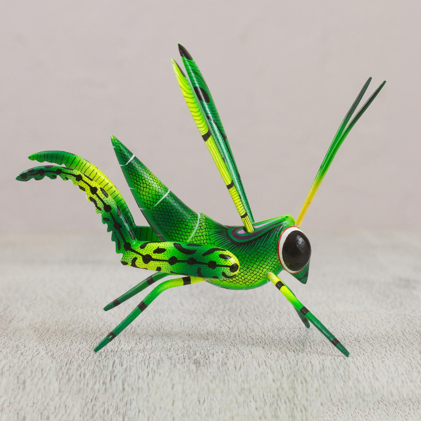 Green Good Luck Cricket Wood Alebrije Cricket Sculpture in Green from Mexico