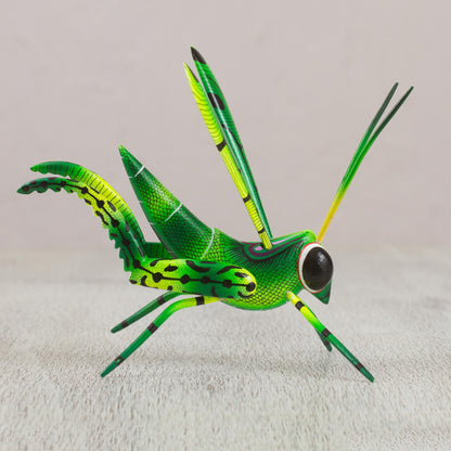 Green Good Luck Cricket Wood Alebrije Cricket Sculpture in Green from Mexico