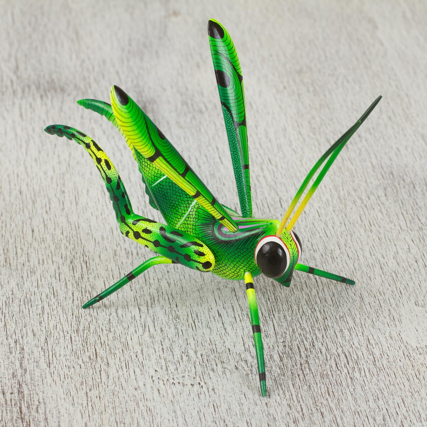 Green Good Luck Cricket Wood Alebrije Cricket Sculpture in Green from Mexico