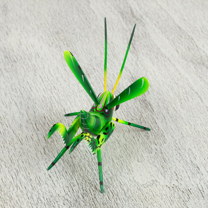 Green Good Luck Cricket Wood Alebrije Cricket Sculpture in Green from Mexico