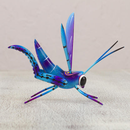 Blue Good Luck Cricket Wood Alebrije Cricket Sculpture in Blue from Mexico