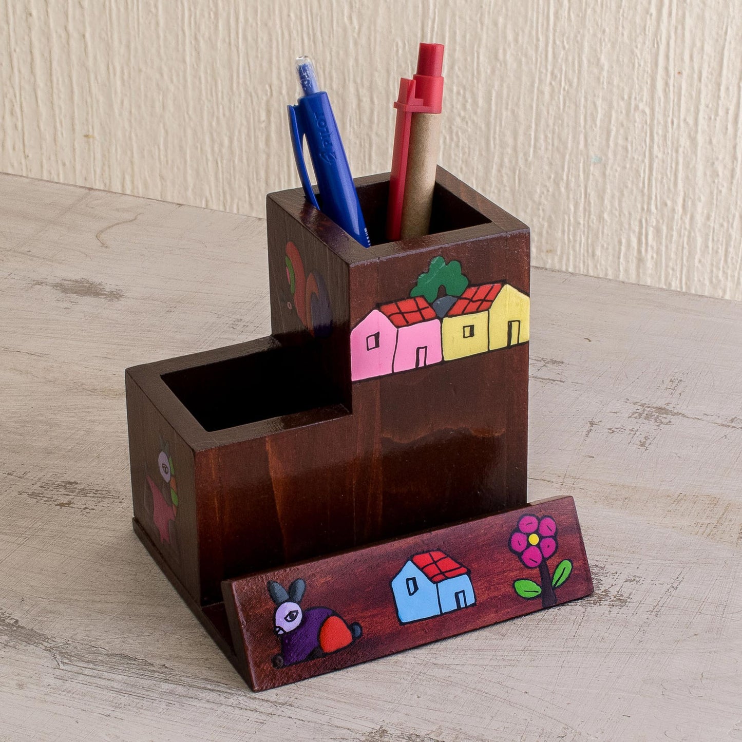 Flora and Fauna Wood Desk Organizer Pine Hand Painted El Salvador